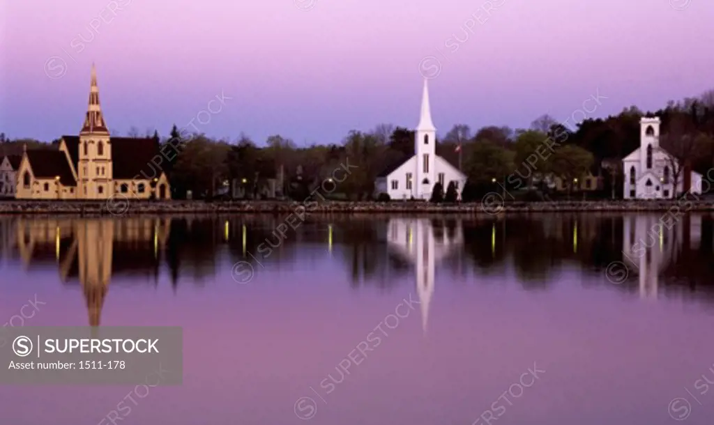 Church building across Mahone Bay, Nova Scotia, Canada