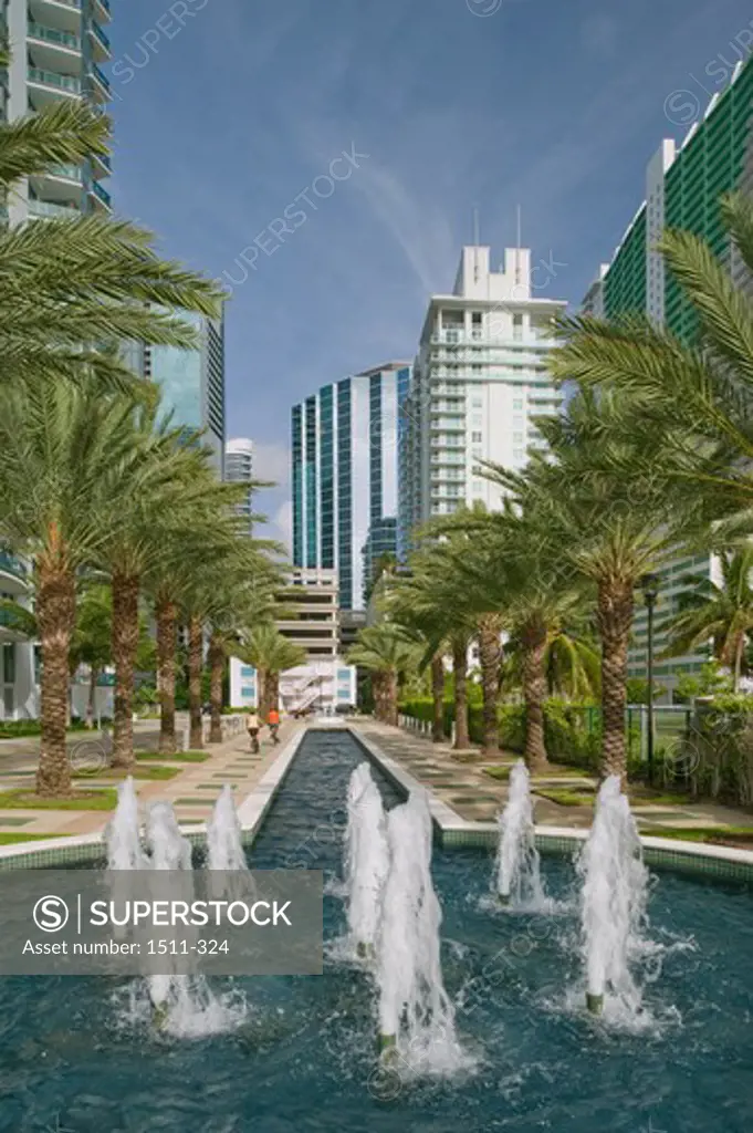 Fountains and trees in front of buildings, Brickell Ave, Biscayne Bay, Miami, Florida, USA