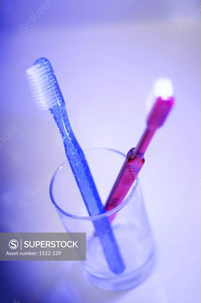 High angle view of two toothbrushes in a glass