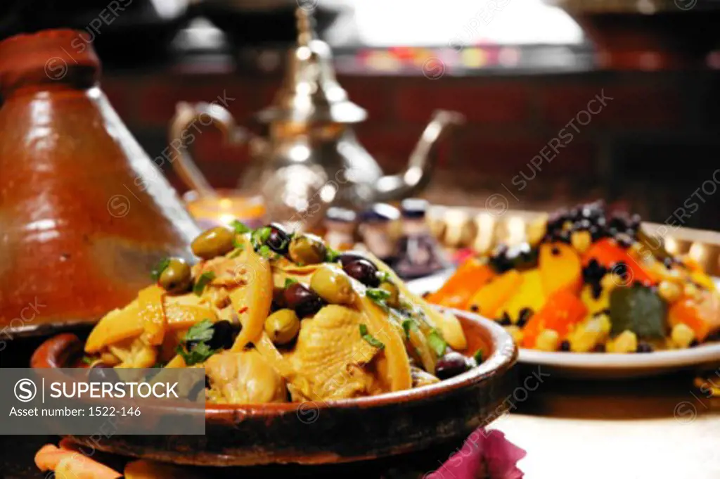 Close-up of Moroccan tagine served in a bowl
