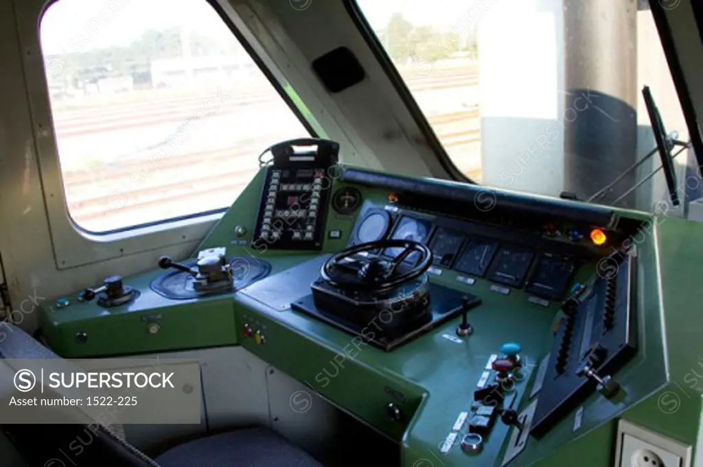 High angle view of the control panel of a train engine