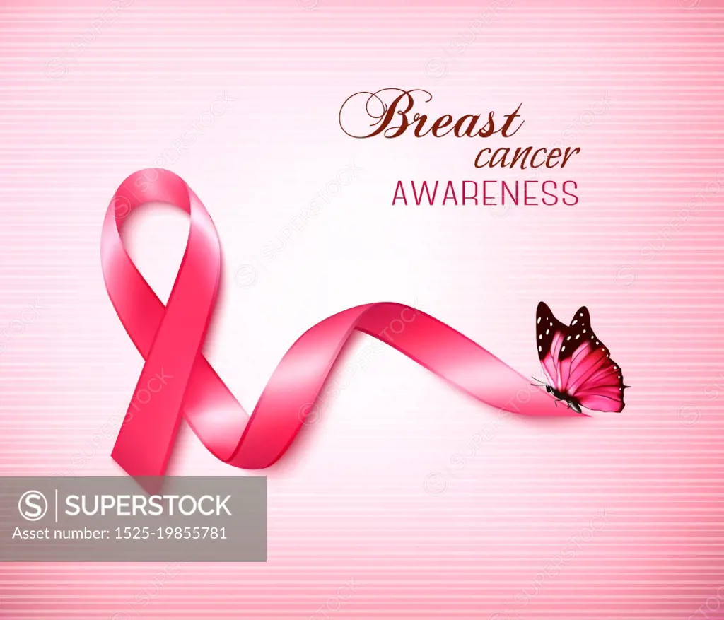 Background with Pink Breast Cancer Ribbon and butterfly. Vector