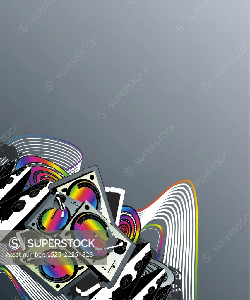 Vector illustration of a turntable and speakers music design with rainbow colors, lined art and retro spirals.