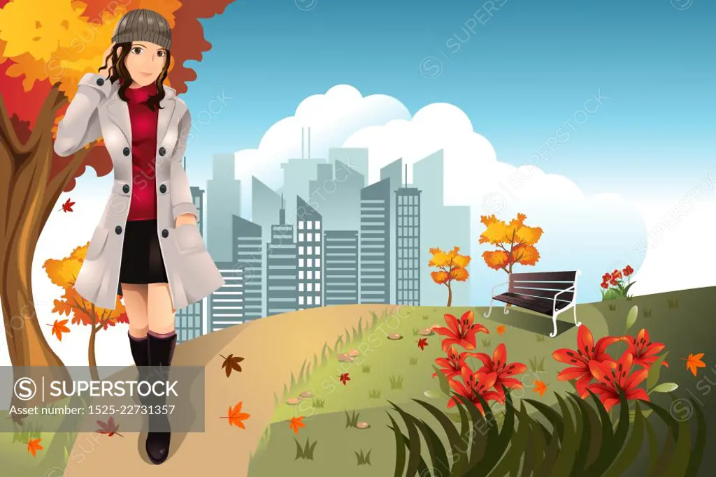 A vector illustration of an Autumn or Fall girl walking in the park