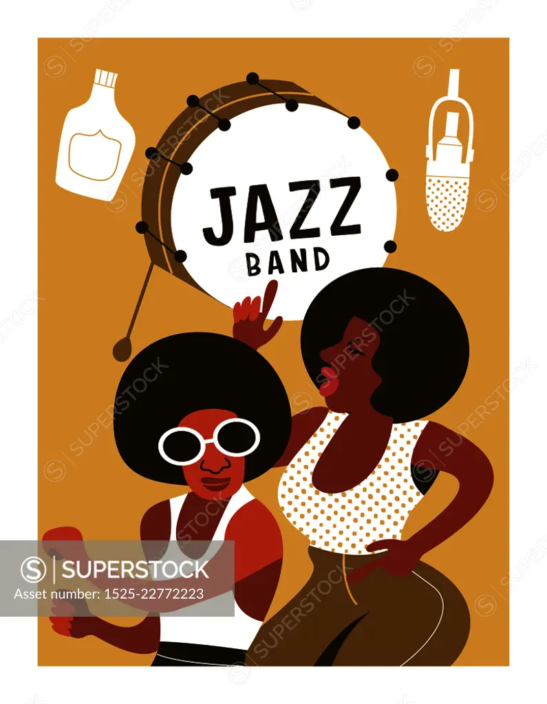 Poster music festival, retro party in the style of the 70s, 80s in the disco style. Couple with African hairstyles dancing disco. Vector illustration.. Poster music festival, retro party in the style of the 70&rsquo;s, 80&rsquo;s. Vector illustration with stylish musicians characters.