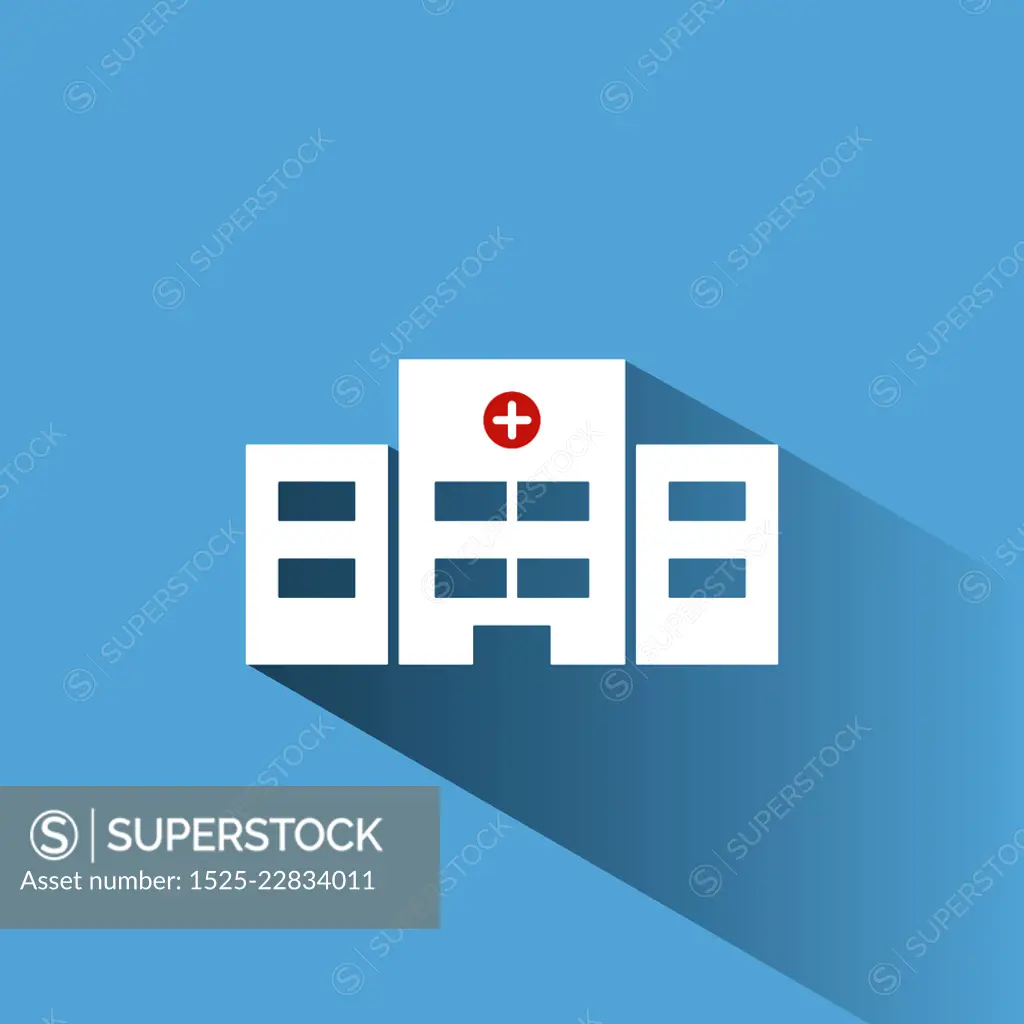 Hospital color icon with shadow on a blue background. Vector illustration