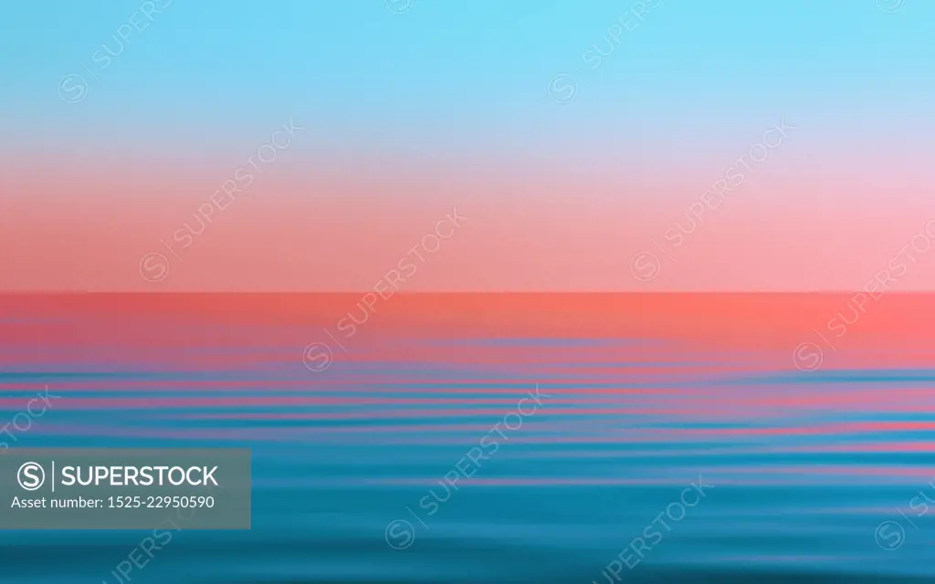 Reflection of the sunset in the flowing water. Abstract turquoise blue and pink seascape background with motion blur filter. Pantone color of the year 2019 - Living Coral. Space for copy and design.