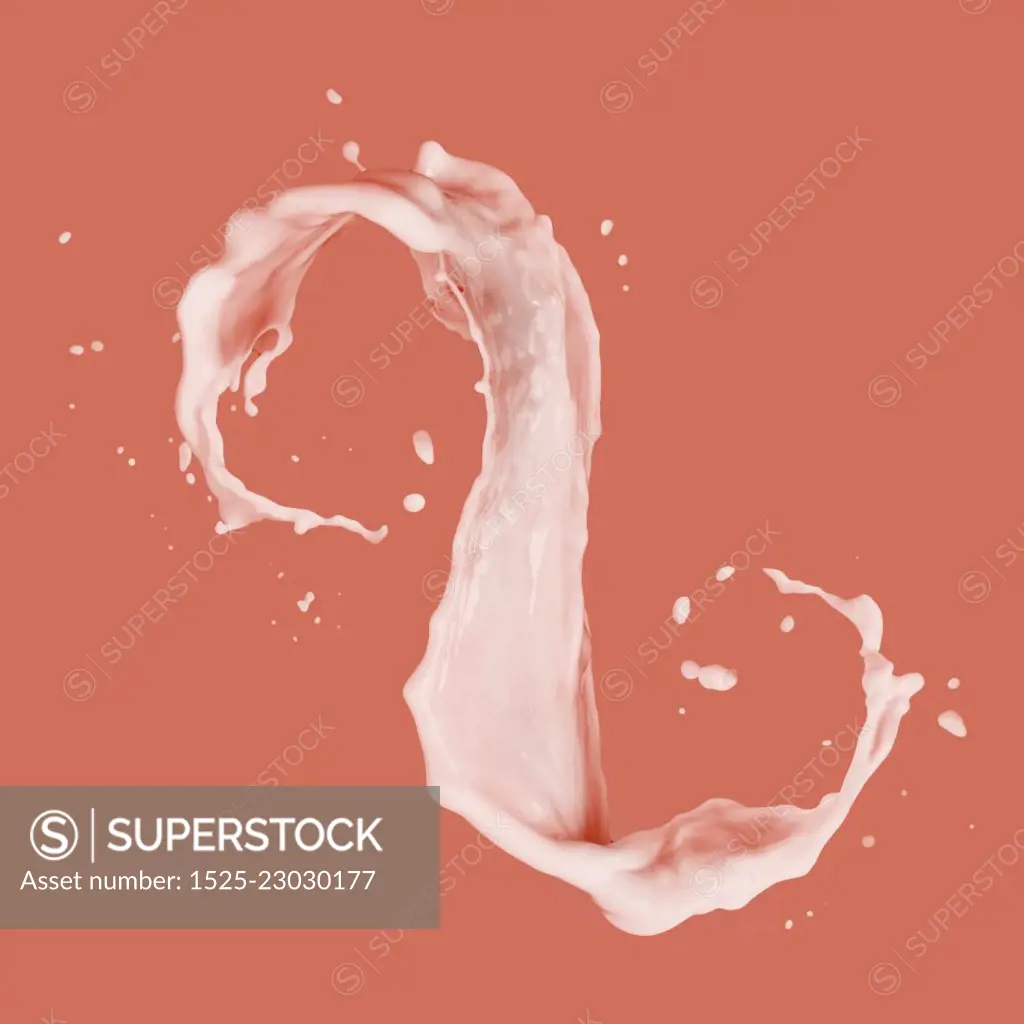 Splash of white fat milk as design element on a color of the year 2019 Living Coral pantone background, copy space.. Flying slash of white milk with drops on a color of the year 2019 Living Coral pantone background, copy space.