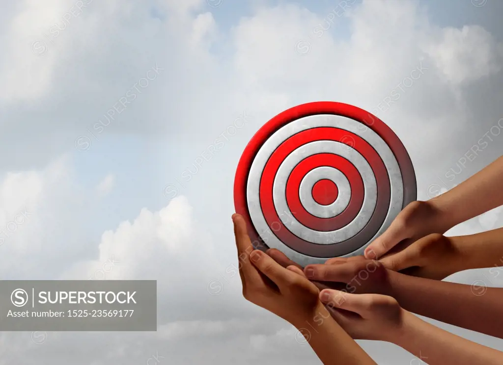 Target audience concept as a group of diverse hands holding a bullseye as a business marketing metaphor for customer and consumer focus group targeting with 3D illustration elements.