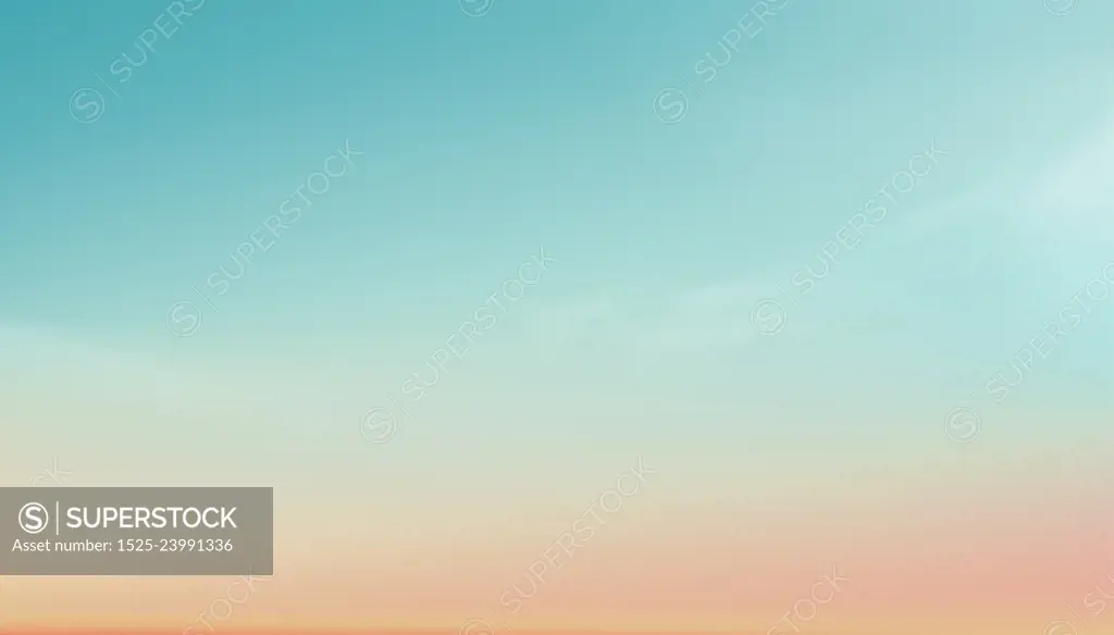 Pastel Sky in blue, orange, peach, light green colour Background, Dramatic twilight landscape with Sunset in evening,Vector horizon Sunrise in Morning banner of Sunlight for four season backdrop