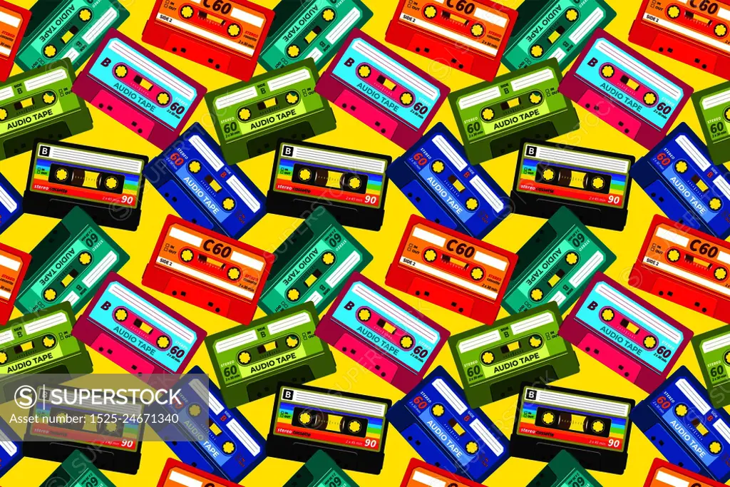 Vintage cassettes pattern. Pop music retro 1980s sound tape, old school stereo technology, dj mix tape. Vector abstract cassette illustrations background. Vintage cassettes pattern. Pop music retro 1980s sound tape, old school stereo technology, dj mix tape. Vector cassette background