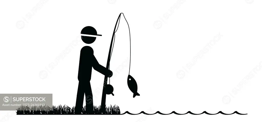 Cartoon drawing stickman, stick figure man with casting rod. fishing  symbol. Fish line pattern. Fisherman with fishing rod. Hobby fisher man  concept icon or pictogram. Float, fishing line and hook - SuperStock
