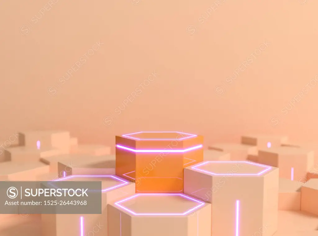 Futuristic hexagonal sci-fi pedestal in peach orange color with purple neon light for display product showcase, 3d rendering
