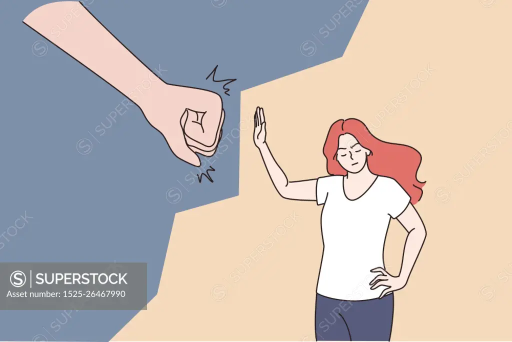 Female abuse and harassment concept. Strong woman cartoon character fighting domestic violence and violent treatment of women trying to Stop violence vector illustration. Female abuse and harassment concept.