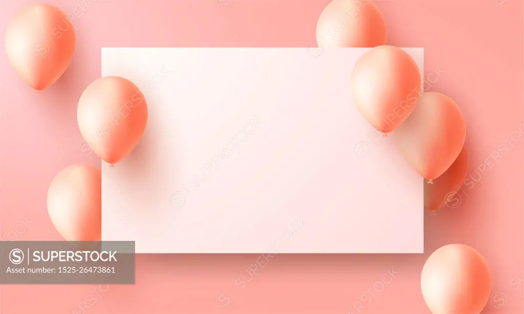 Celebration party banner with orange color balloons background. Sale Vector illustration. Grand Opening Card luxury greeting rich. frame template.