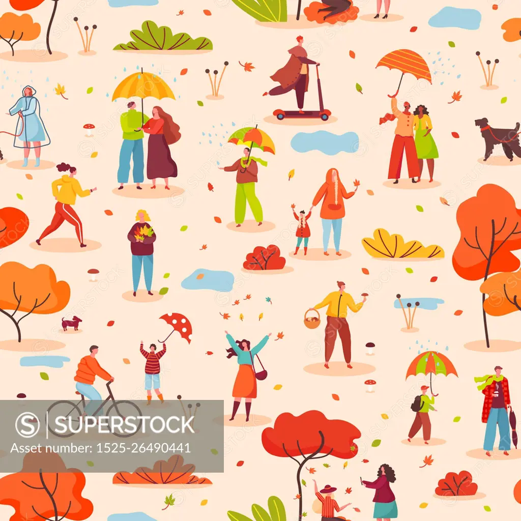 People with umbrellas walking in autumn park seamless pattern. Characters in warm clothes. Fall season outdoor activity vector illustration. Man and woman throwing leaves, collecting mushrooms. People with umbrellas walking in autumn park seamless pattern. Characters in warm clothes. Fall season outdoor activity vector illustration