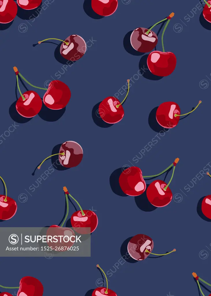 Cherry fruits seamless pattern on navy blue background, Fresh organic food, Red fruits berry pattern. Vector illustration.