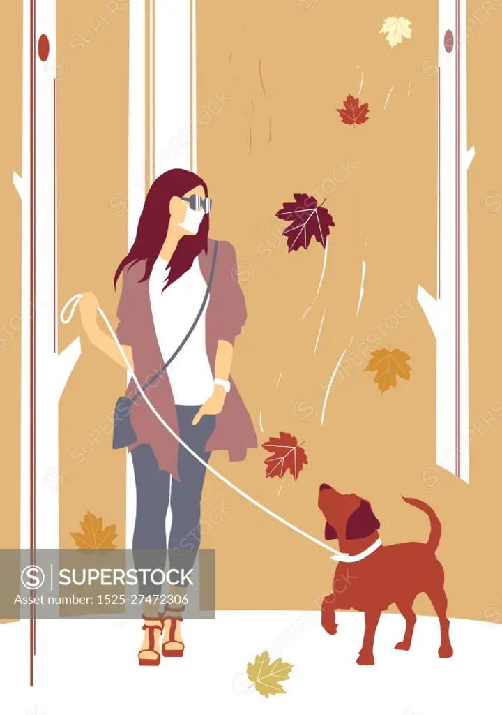Walking the dog in the fall. A woman in a mask walking among the trees with her dog. Flat vector illustration.
