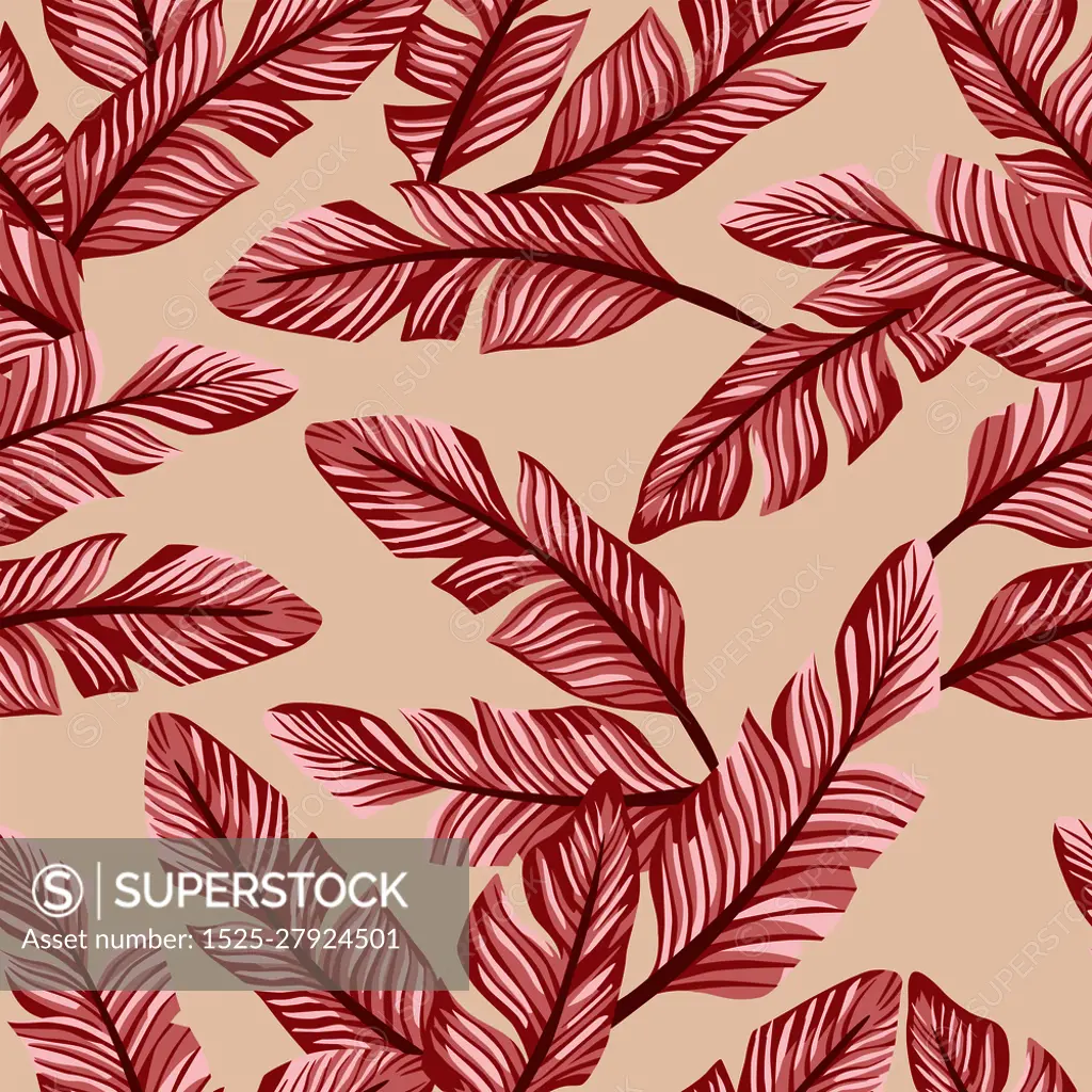 Abstract color seamless vector pattern composition red tropical banana leaves on the peach background