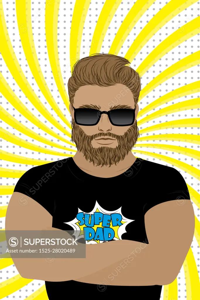 Strong fashion male, Super Dad - text in retro comic style on black t-shirt.Stock vector illustration. Strong fashion male,