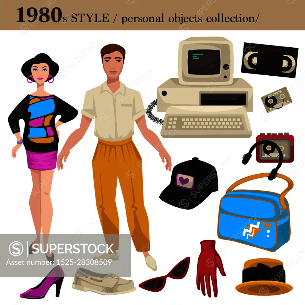 1980 fashion style of man and woman clothes garments and personal objects collection. Vector dress or suit with shoes, wearable accessories and electronic devices or appliances. 1980 fashion style man and woman personal objects