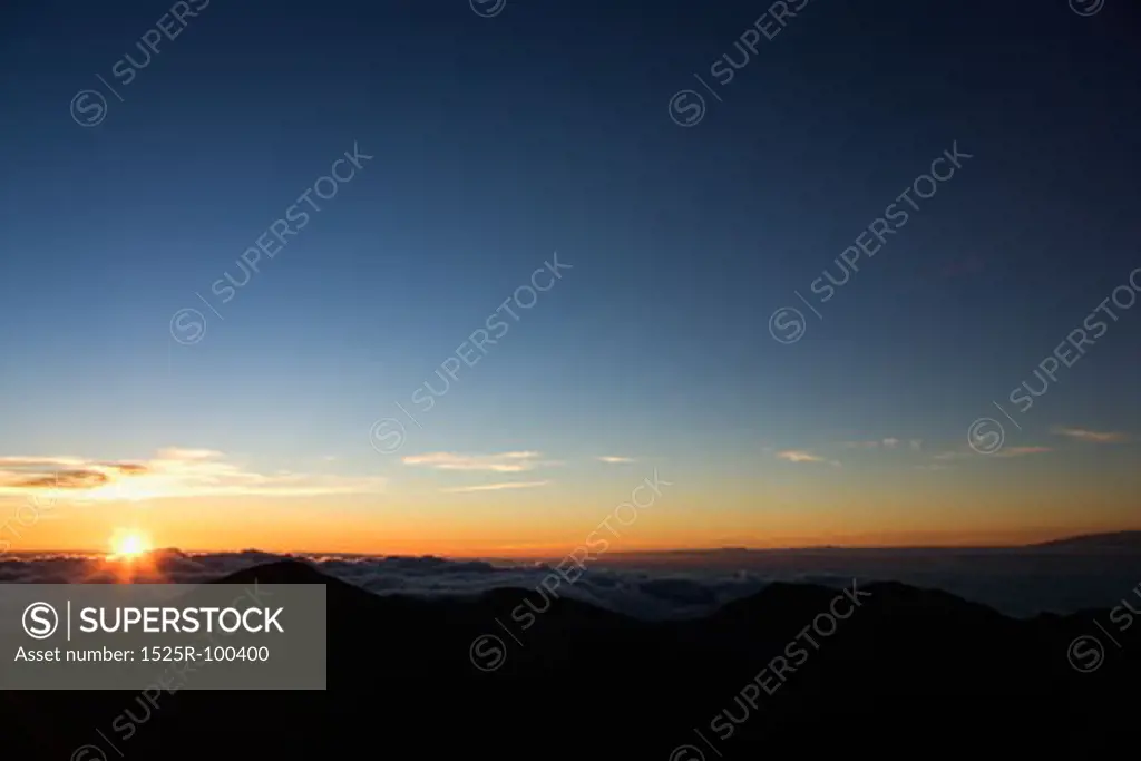 Aerial of sunrise in Haleakala National Park in Maui, Hawaii.