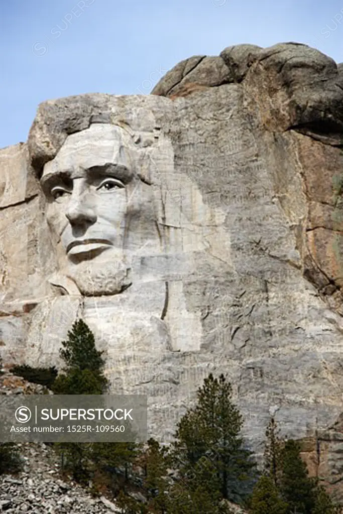 Abraham Lincoln carved in granite at Mount Rushmore National Monument, South Dakota.