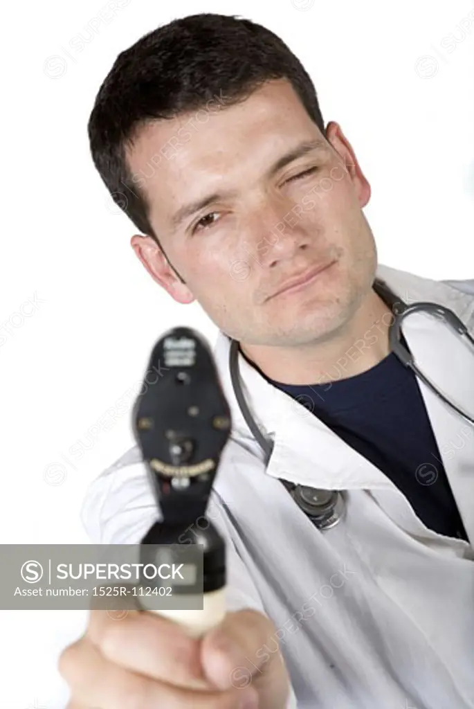 male eye doctor over a white background