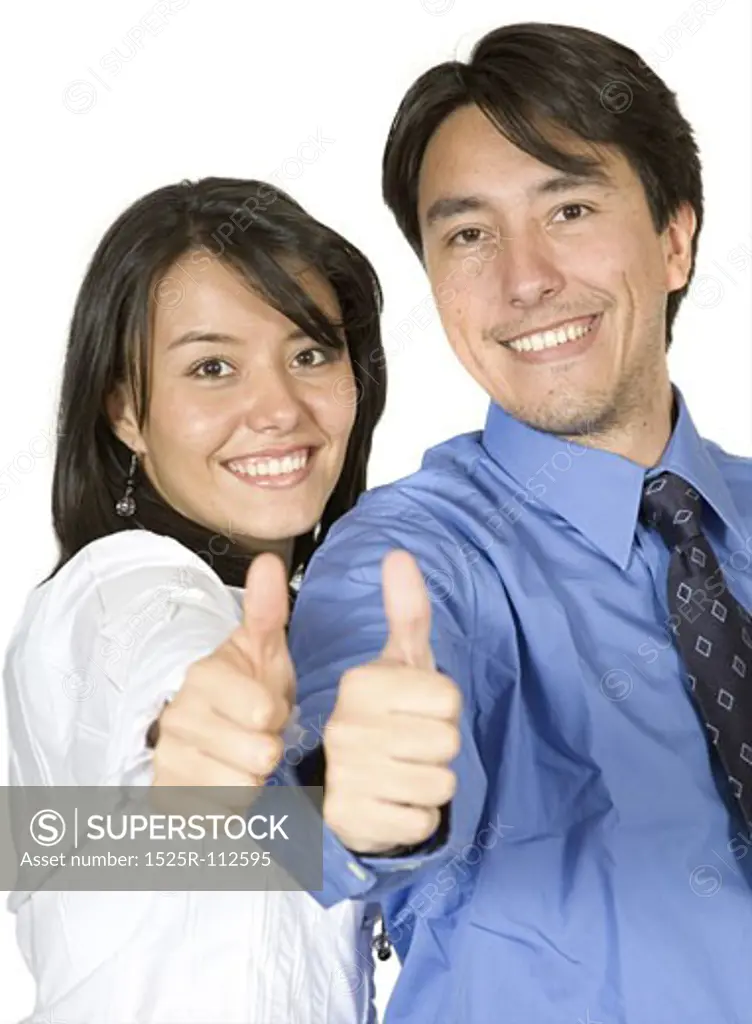 business partners with thumbs up over a white background