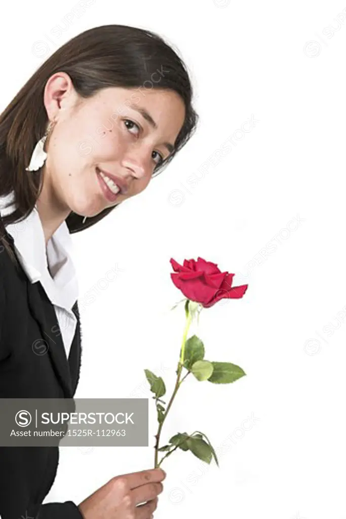 beautiful girl with rose over white