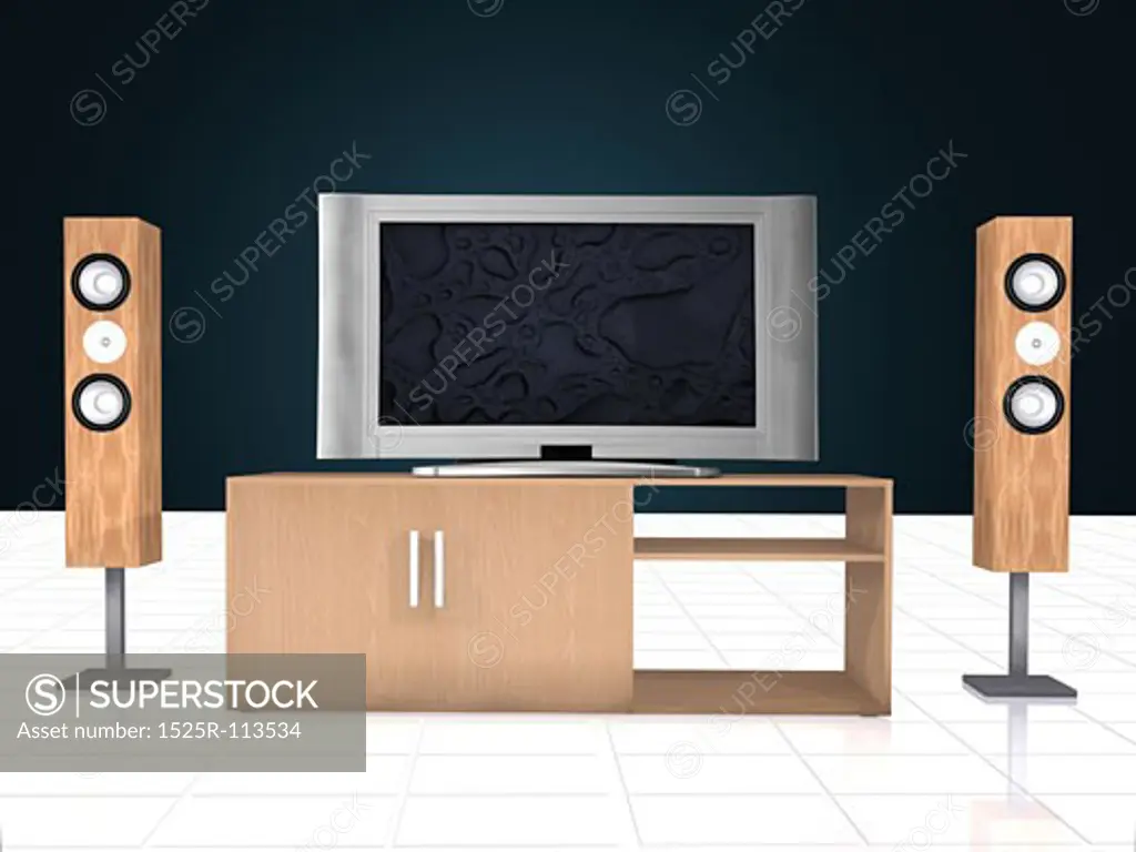 3d rendering of a home theatre system including speakers and furntiure, the tv is an actual photo