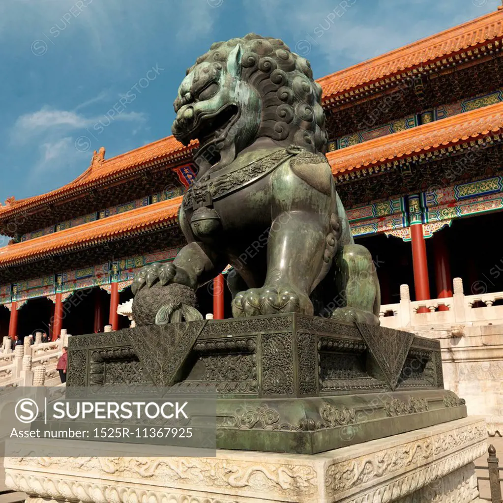 Chinese guardian lion at the Gate Of Supreme Harmony, Forbidden City, Beijing, China