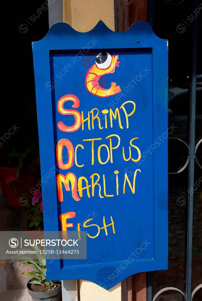 Close-up of a signboard as seafood store, Sayulita, Nayarit, Mexico