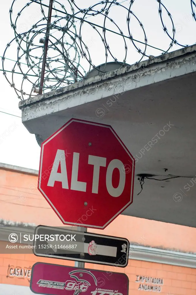 Low angle view of a Stop sign, Guatemala City, Guatemala