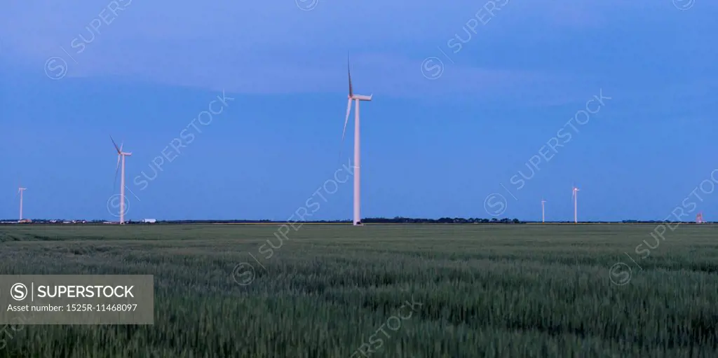 Wind turbines in a prairiefield, Manitoba, Canada