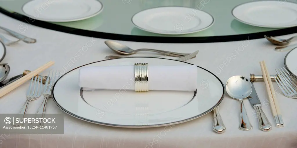 Close-up of dining table place setting, Changping District, Beijing, China