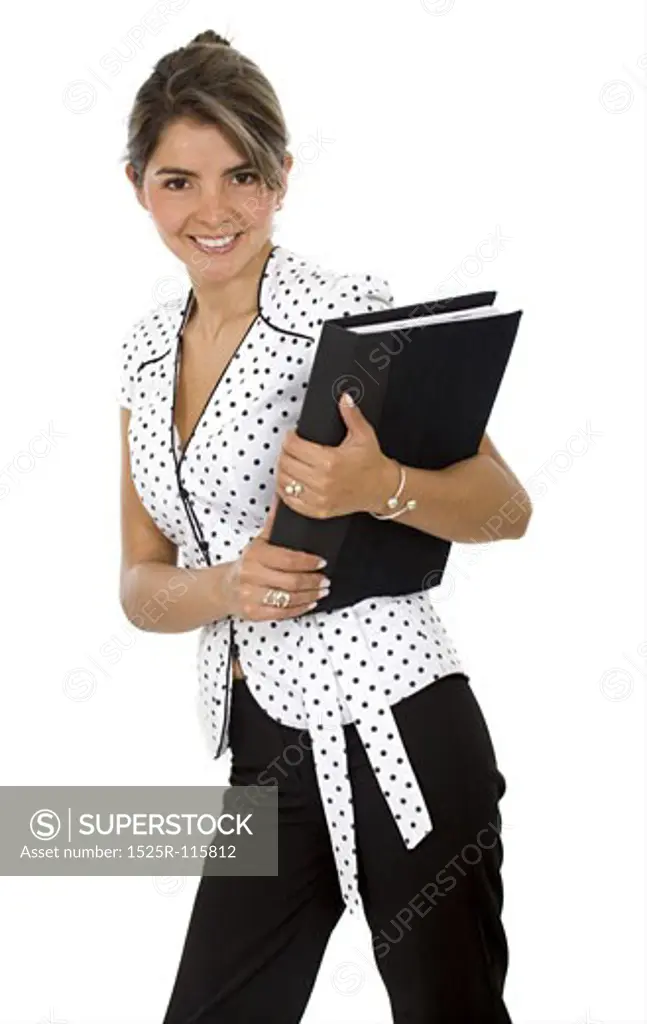 business woman smiling with a folder over a white background