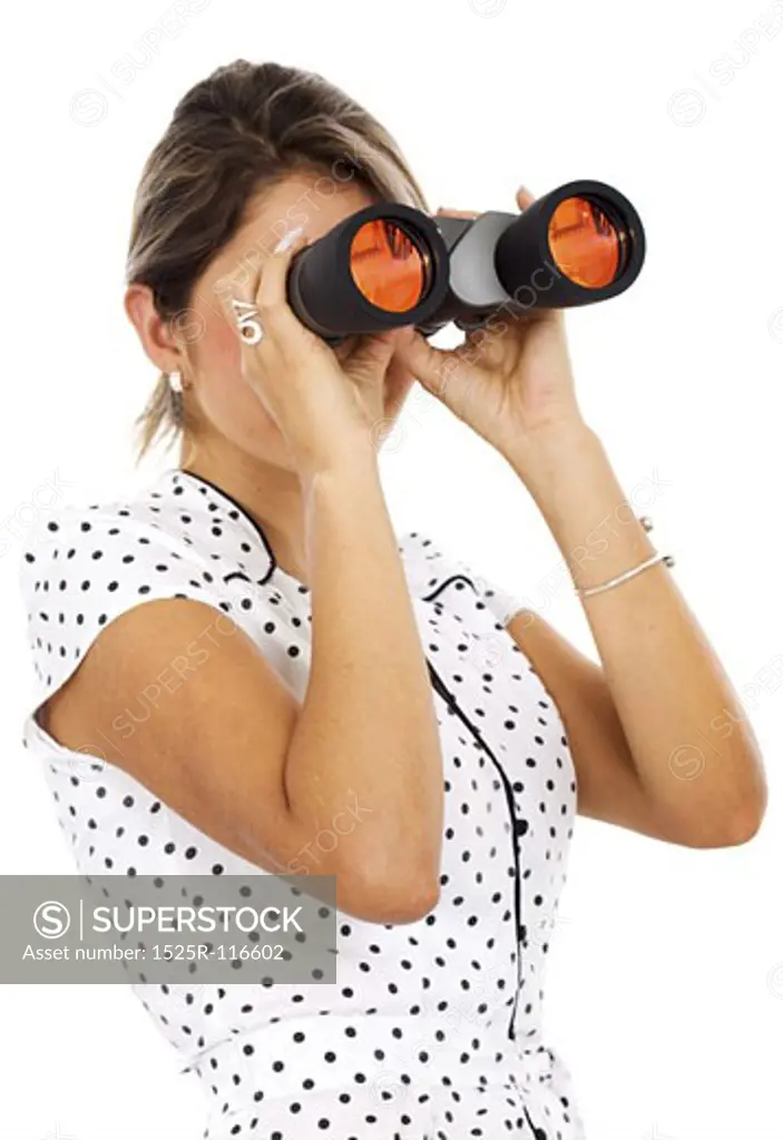 business woman with binoculars searching for a job - isolated over a white background
