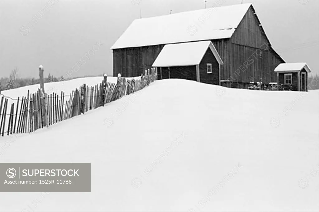Winter landscape and barn 