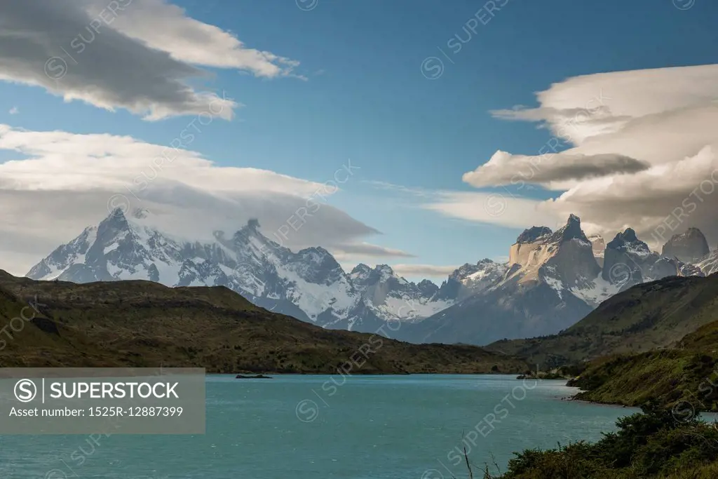 View of a lake with mountains in the background, Torres del Paine National Park, Patagonia, Chile