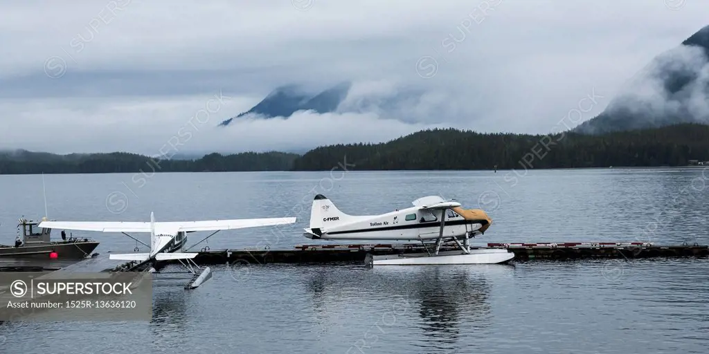 Seaplanes at dock, Pacific Rim National Park Reserve, Tofino, Vancouver Island, British Columbia, Canada