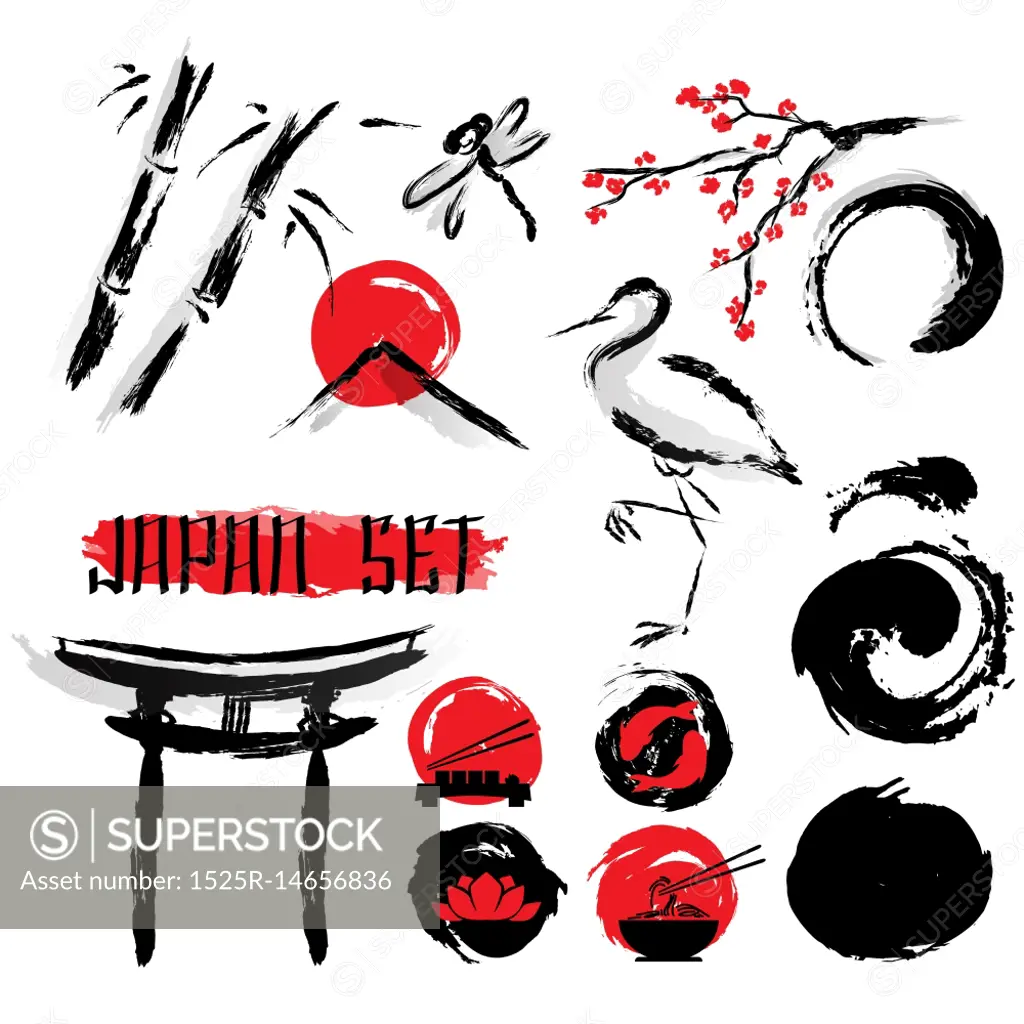 Japanese Sumie Ink Painting Icons Set. Japanese sumie ink wash black with red accent brush painting pictograms composition ancient abstract art vector illustration  