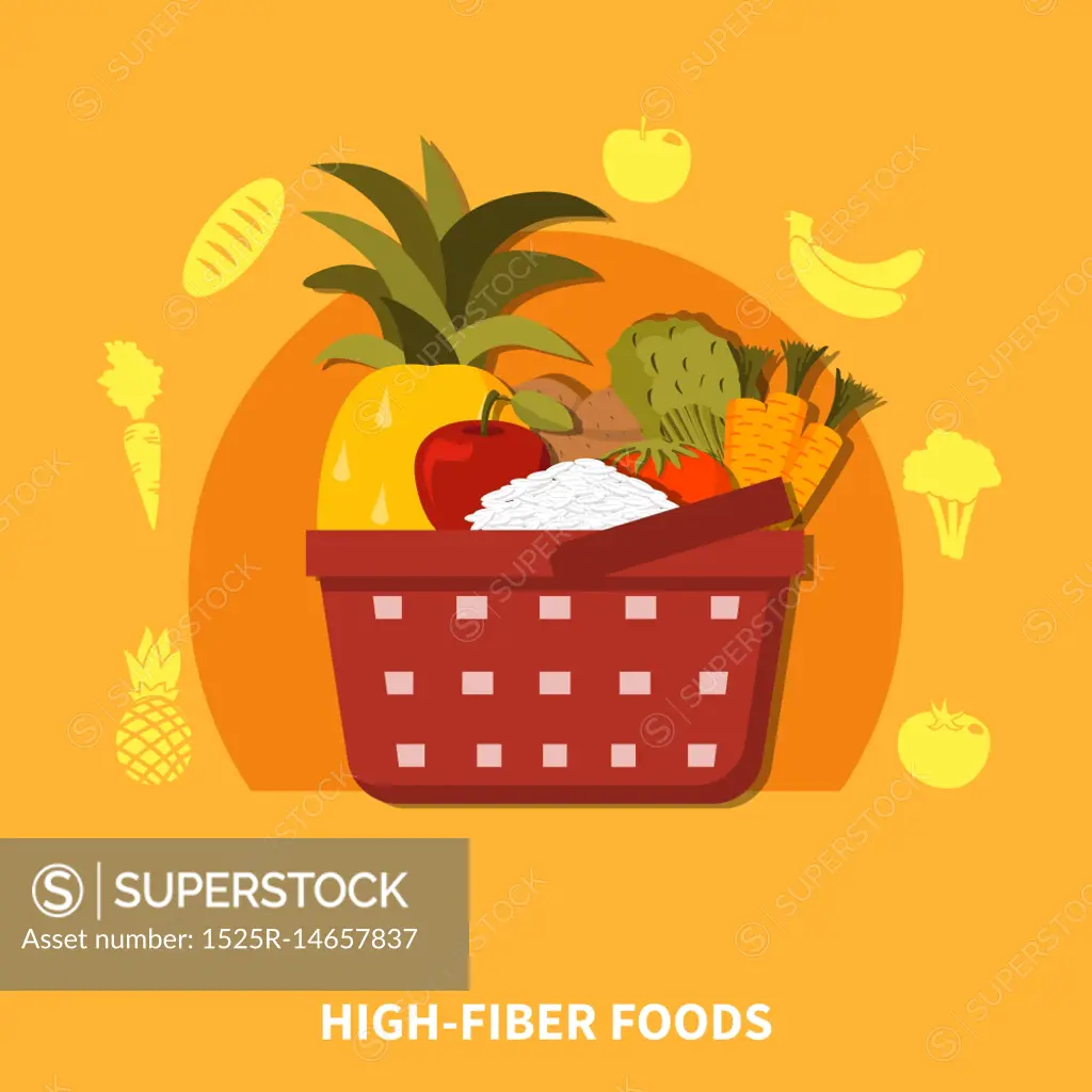 High Fiber Foods Supermarket Composition. Supermarket basket composition with fresh healthy food fruits vegetables symbols orange background flat vector illustration