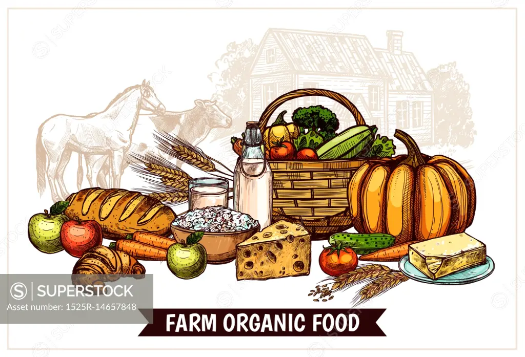 Ecological Farm Poster. Ecological farm poster with healthy natural and useful products for proper nutrition vector illustration