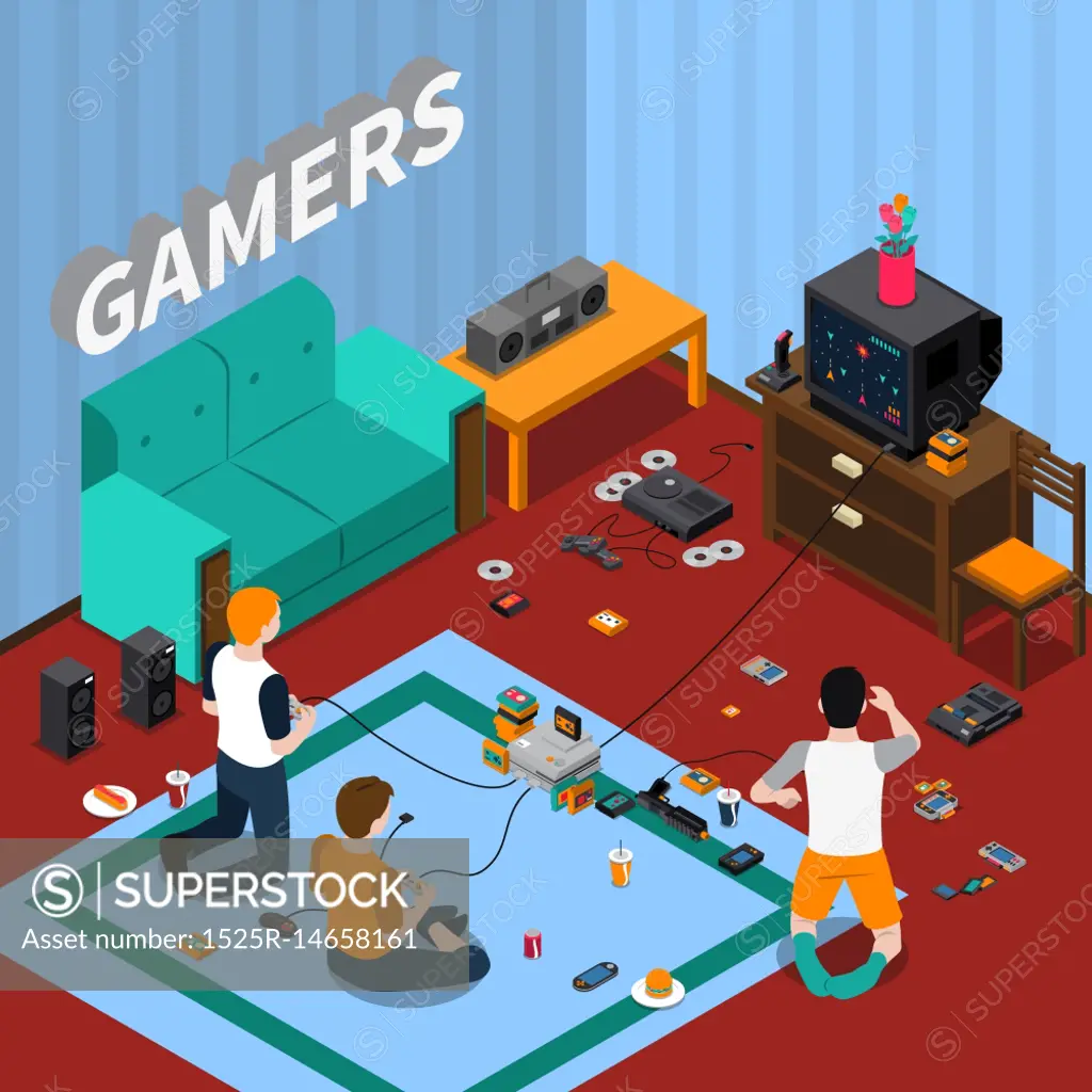 Game Gadgets Isometric Template. Game gadgets isometric template with children playing videogames at home vector illustration