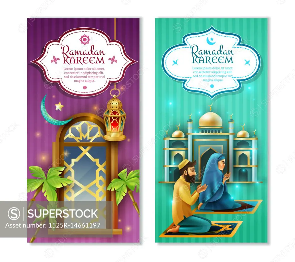 Ramadan Kareem 2 Vertical Banners Set. Ramadan muslims religious holy month fasting and praying practice symbols 2 vertical banners set isolated vector illustration