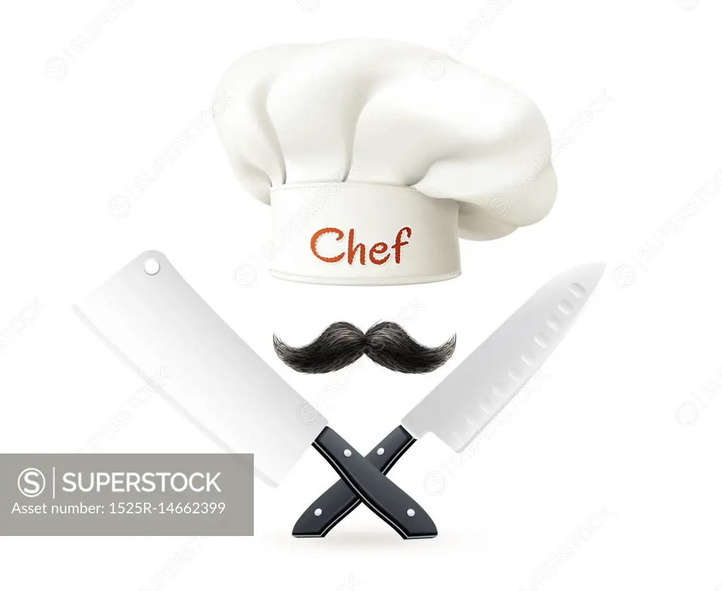 Hat Of Chef Mustache And Knives. Composition from hat of chef with