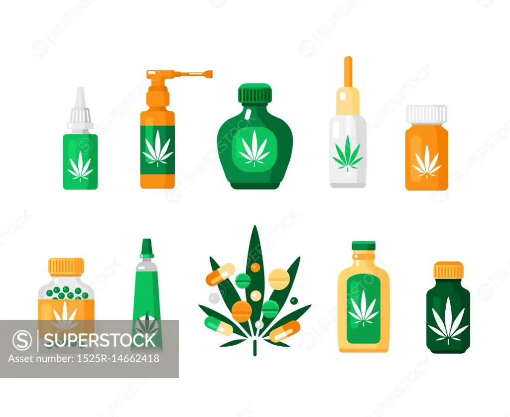 Pharmacy Cannabis Composition. Colored pharmacy cannabis composition in flat style with different types of drugs and methods of using vector illustration