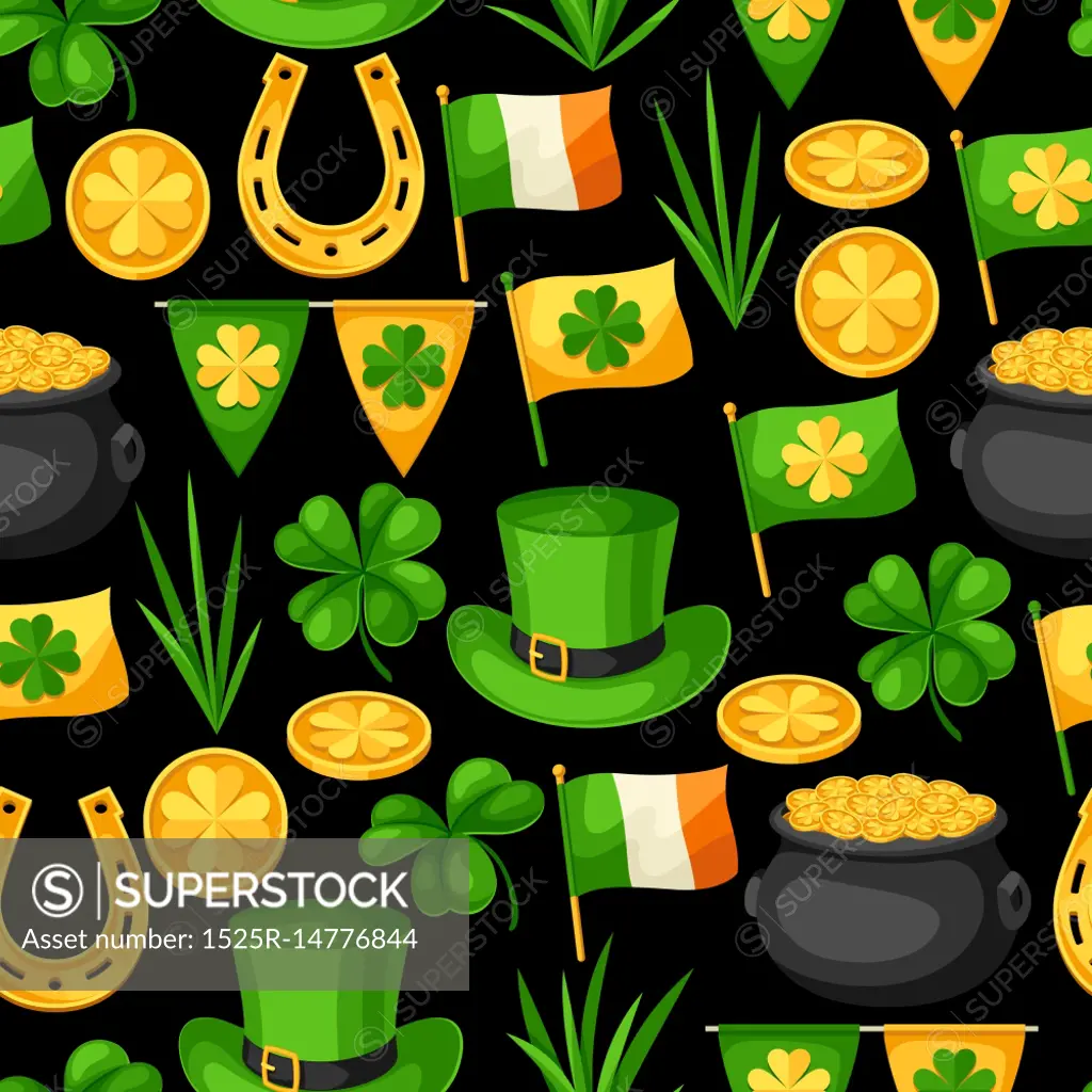 Saint Patricks Day seamless pattern. Flag Ireland, pot of gold coins, shamrocks, green hat and horseshoe.