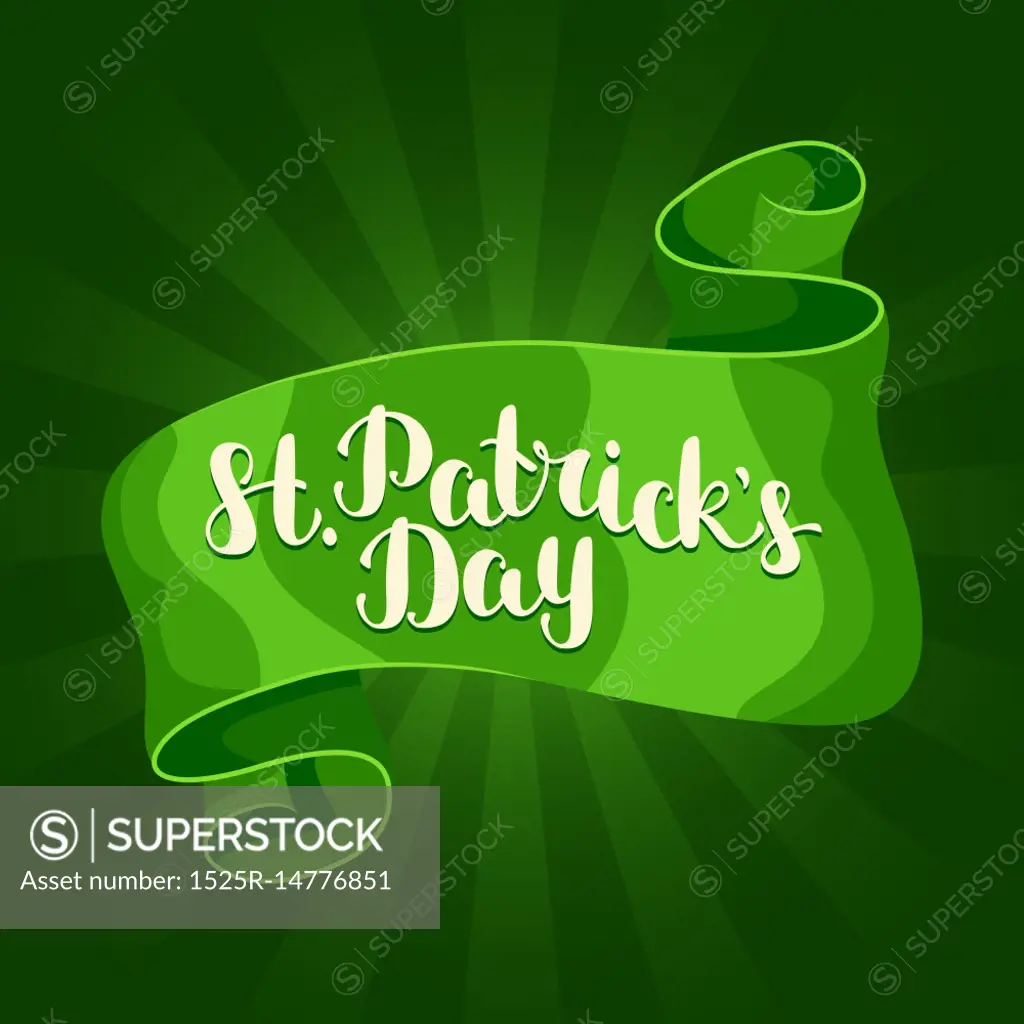 Saint Patricks Day greeting card. Green ribbon and lettering. Saint Patricks Day greeting card. Green ribbon and lettering.